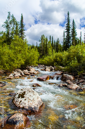 in summer rocky mountain river water silk. mountain river