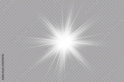  Explosion sun. Star shining. Glow light effect. Vector illustration. White glowing light explodes on a transparent background  