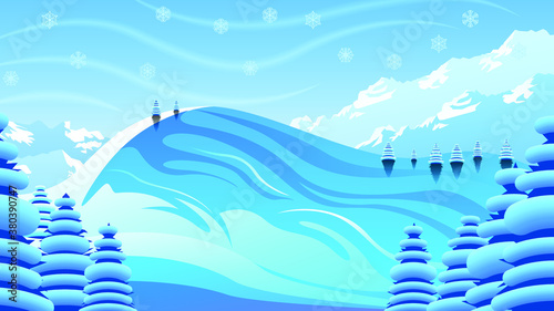 Abstract Winter Background With Trees Forest Mountains Clouds Snowflake Vetor Design Style Nature Landscape