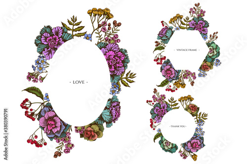 Floral frames with colored wax flower, forget me not flower, tansy, ardisia, brassica, decorative cabbage