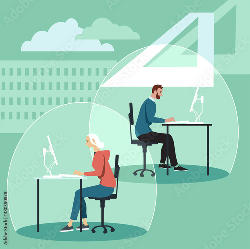 Employees working in individual bubbles as a physical distancing and pandemic hygiene measure in a reinvented office, EPS 8 vector illustration