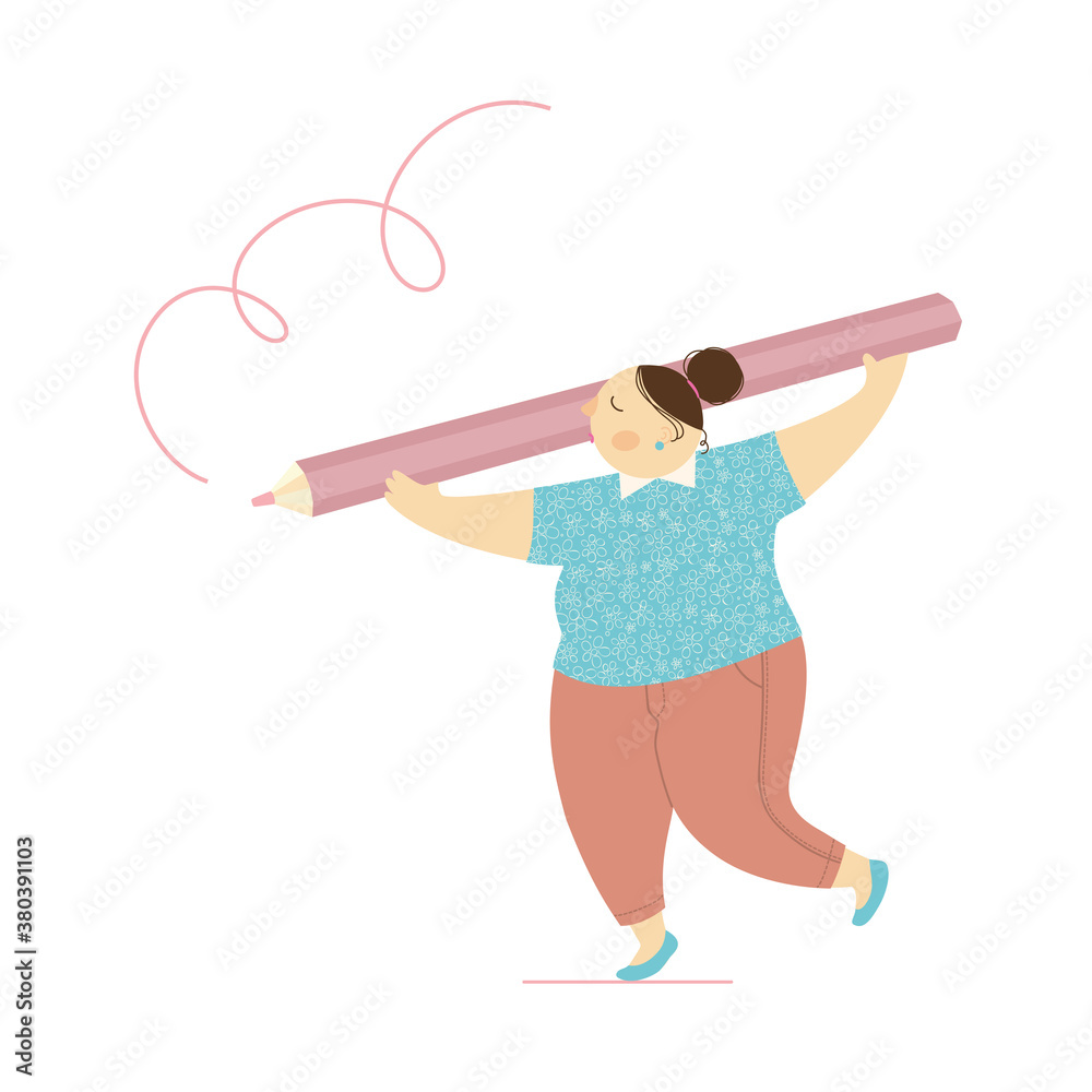 A young woman carries a large pencil.Characters design. Vector illustration flat cartoon style.