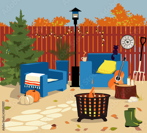 Cozy backyard in fall with a fire pit, patio heater, chairs, gardening tools and seasonal decorations, no people, EPS 8 vector illustration	
