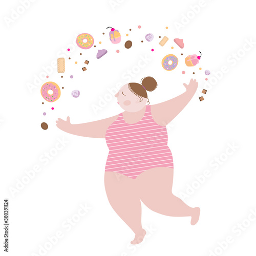 A young woman juggles donuts and candy.Characters design. Vector illustration flat cartoon style.