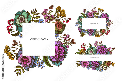 Floral frames with colored wax flower, forget me not flower, tansy, ardisia, brassica, decorative cabbage