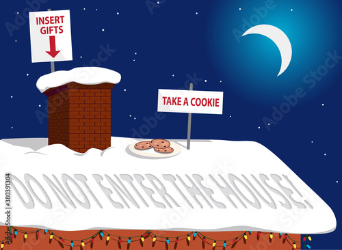 Rooftop of a house in Christmas night with cookies and safety instructions for Santa Claus as covid-19 measures,  EPS 8 vector illustration, no transparencies, no mesh