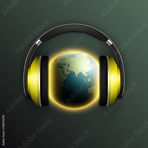 world map headphones. Globe headphone icon, space sunlight. Planet Earth sunny glow background earphones. Continents world Sunshine picture. Colorful solar eclipse earphones poster presentation