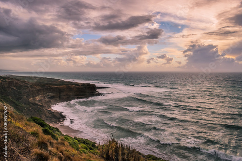 Sunset in seascape at world reserve surf at Ribeira d'Ilhas beach, Ericeira PORTUGAL