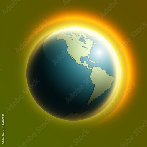 World map rising sun. Solar eclipse globe icon, space sunlight. Planet Earth sunny glow background view from space. Continents world Sunshine picture. Colorful solar eclipse astro poster presentation