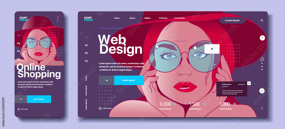 The face of a young girl with glasses on the desktop wallpaper. Modern flat web design in responsive website and app.