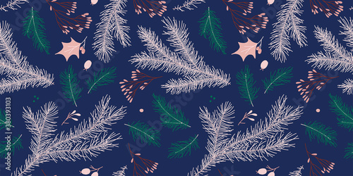 Natural festive seamless pattern for New Year banner background and holiday label design. Winter sale fair pattern. Xmas greeting card with pinecone decoration. Christmas tree illustrations.