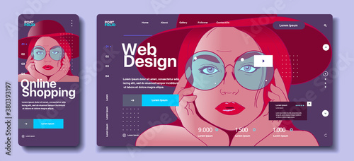 The face of a young girl with glasses on the desktop wallpaper. Modern flat web design in responsive website and app.