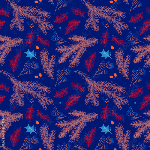 Natural festive seamless pattern for New Year banner background and holiday label design. Winter sale fair pattern. Xmas greeting card with pinecone decoration. Bright Christmas illustrations.