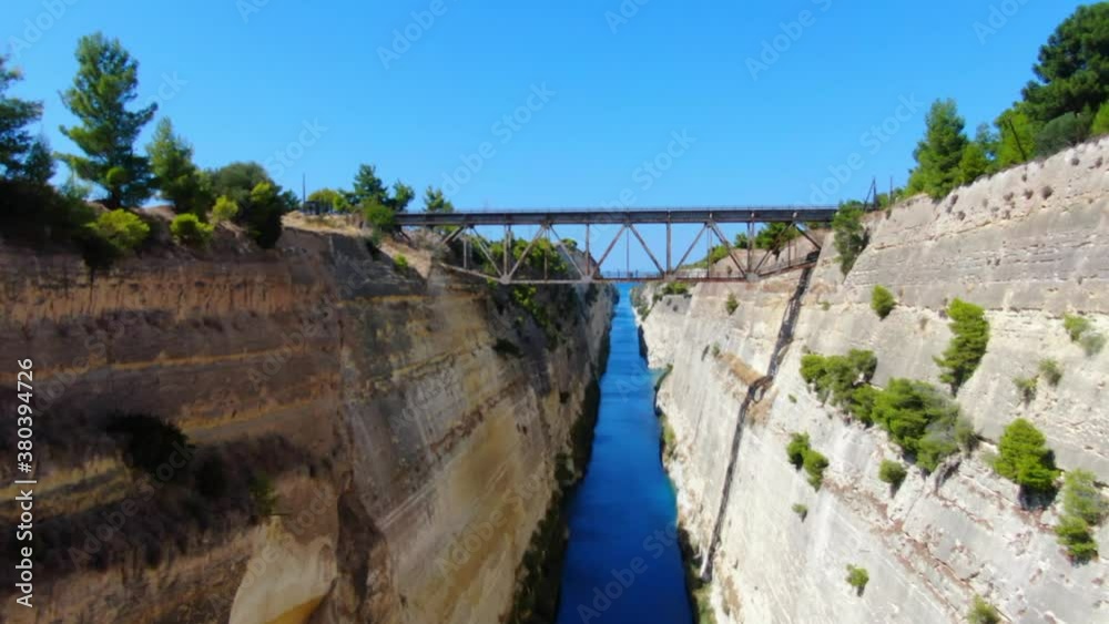 Aerial, Birds eye view of Corinth Canal and Bridge, Peloponnese, Greece Aerial, Birds eye view of Corinth Canal and Bridge, Peloponnese, Greece