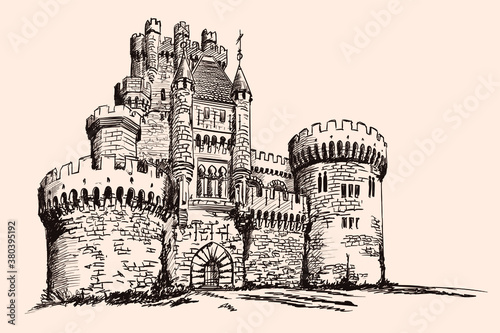 Foto Medieval stone castle with towers on the plain.