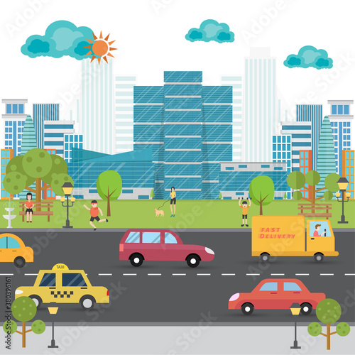 Landscape with building, park, people and transportation in city. City life. Vector illustration.