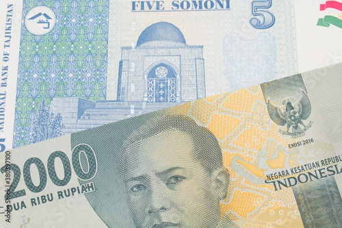 A macro image of a grey two thousand Indonesian rupiah bank note paired up with a blue and white five somoni bank note from Tajikistan. Shot close up in macro.