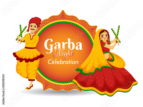 Illustration of cute couple dancing garba with dandiya sticks on the indian festival of Happy navratri. photo