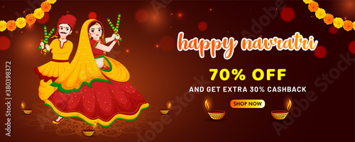 Big discount sale on all leading brands web header, banner, poster design for the celebration of indian festival happy navratri.
