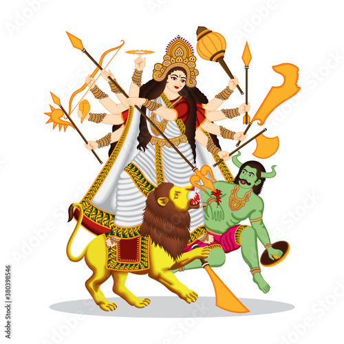 Illustration of goddess durga indian god in happy durga puja and shubh navratri, india religion maa durga kill mahishasura.