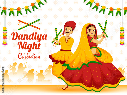 Dandiya night celebration invitation card design for celebrating festival of india Happy navratri. © ashish