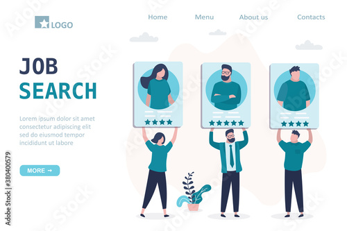 Job search landing page template. Group of various candidates hold resumes. Job seekers with cv. Unemployment, global crisis.