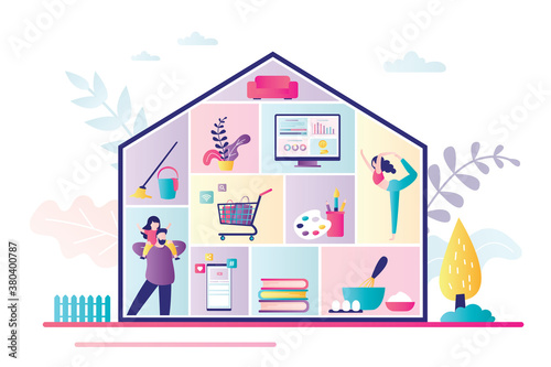 Home activities, entertainments and works. Family at home. House silhouette with rooms, people and household items