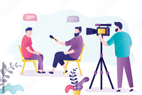 Journalist interviews businessman. Reporter holding microphone and give questions. Cameraman create video content. Video blog
