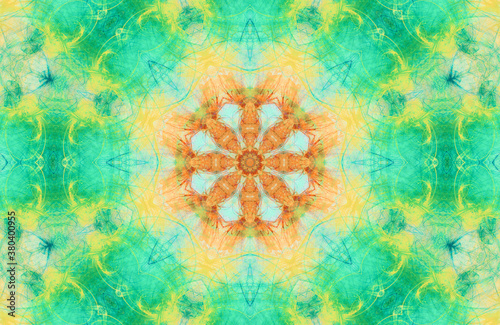 Fototapeta Naklejka Na Ścianę i Meble -  Summer background Colorful geometric kaleidoscopic texture in  yellow and turquoise colors Psychedelic tribal composition