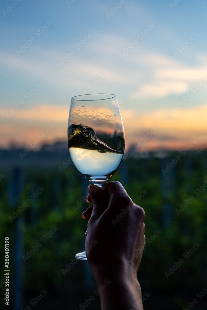 Hand with a glass of wine at sunset over the vineyards.