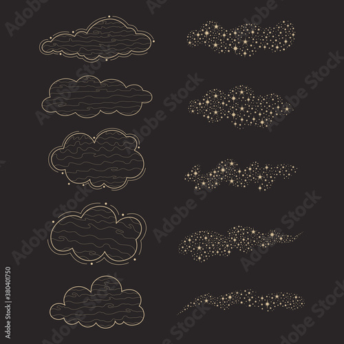 Set with clouds and star dust isolated on black background. Vintage outline clouds for your design. Magic, astrology, esoteric concept. Vector illustration for clipart, icon, tattoo, logotype.