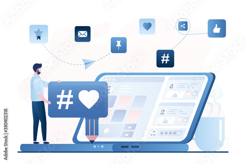 Man writes messages or likes profiles. Concept of social media communication. Online instant messaging or information exchange