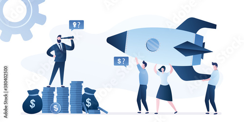 People holding rocket, crowdfunding. Businessman looking for investment ideas and startups. New idea and fundraising