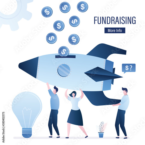 Business people holds rocket piggy bank. Concept of fundasing, teamwork and finance management. Characters save money for start up new project