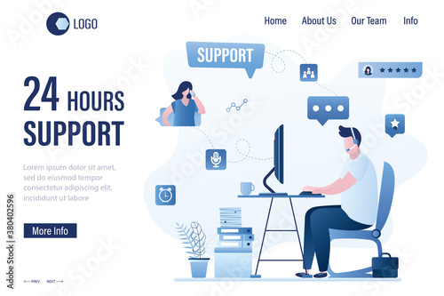 Male assistant with headset at workplace. 24 Hours support landing page template. Online feedback concept