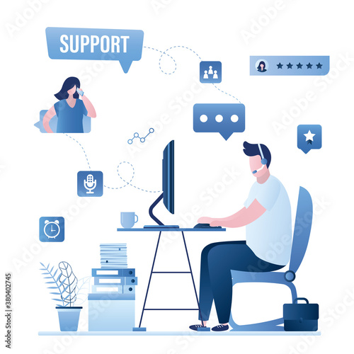 Handsome guy assistant with headset at workplace. Online support, helpline. Feedback concept. Help service, hotline