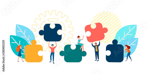 Teamwork, tiny people collect and match puzzles