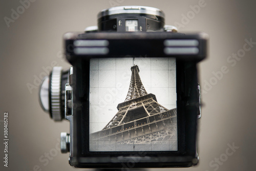 Vintage Film Medium Format Camera Photographing Eiffel Tower Paris photo