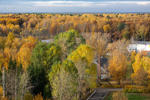 Aerial photography of city and forest in autumn. Multicolored bright beautiful trees at sunny day.