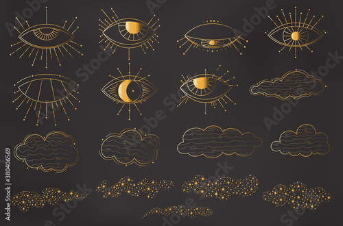 Magic eyes, clouds and star dust outline vector set. Collection of magical elements for icons, logotypes, clothes prints. Isolated illustration with golden gradient. Esoteric symbols or signs concept
