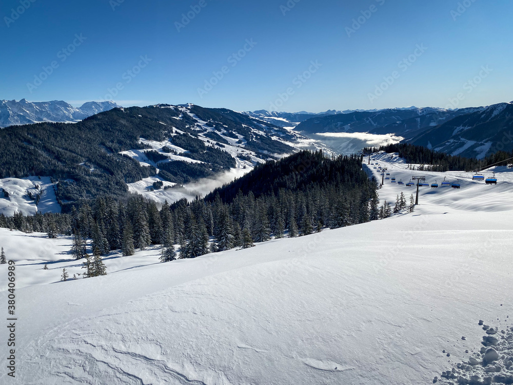 Panoramic view of ski region Saalbach Hinterglemm in the Austria alps .