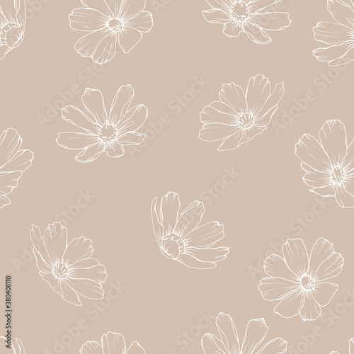 Floral seamless pattern with white outline of flowers on light brown background. Print with cosmos flowers for fabric, wrapping paper, textile, wallpapers. Vector.