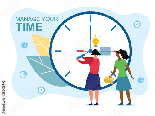 Abstract concept of time management. With two diverse multiracial girls setting the time on a giant mechanical clock. Flat vector illustration