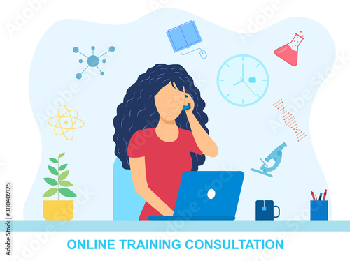 A young female scientist is on the phone advising a student or colleague on a work issue. Flat vector illustration