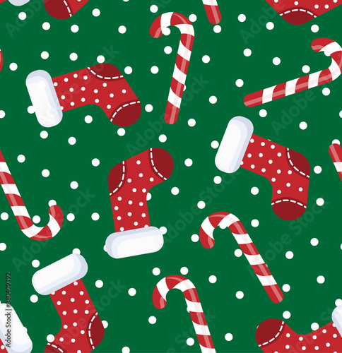 Vector illustration of seamless pattern candy cane and sock christmas cartoon