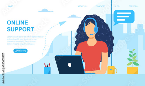 Customer support manager, online consultant, call center specialist wearing headphones sitting at computer. Web page template. Flat colorful vector illustration.
