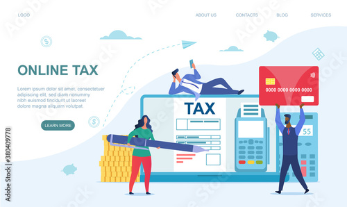 Online tax payment concept. Tiny multiracial men and woman paying taxes using a special form on the website of the tax service. Flat abstract colorful vector illustration