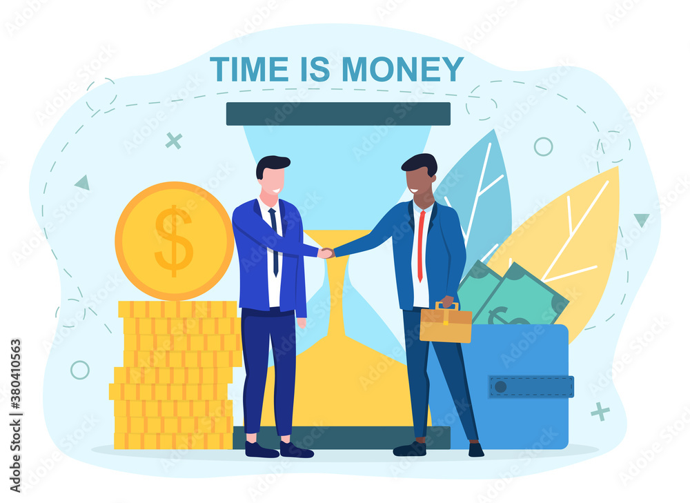 Time is money concept with two multiracial businessmen shanikg hands. Flat vector illustration Time is money concept with two multiracial businessmen shanikg hands. Flat vector illustration