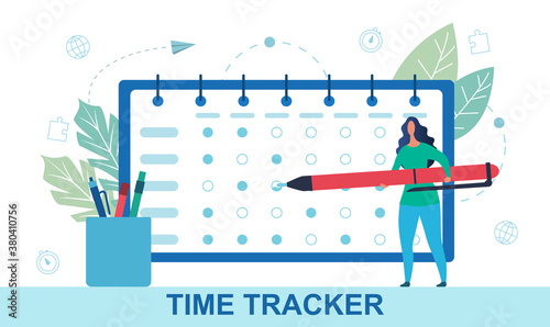 Time tracking and time management concept with a tiny woman standing in front of giant schedule and making notes. Flat vector illustration