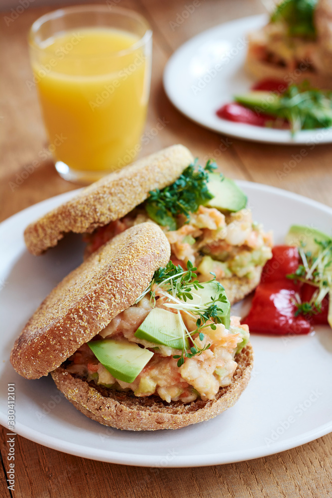 English muffins loaded with a creamy bean and vegetable pate. English muffins loaded with a creamy bean and vegetable pate.